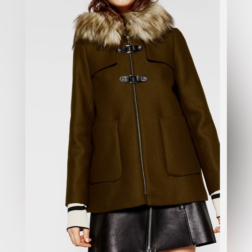 Zara| Women’s Wool Blend Khaki Green Duffle Coat Jacket Fur Collar Hood-Size M